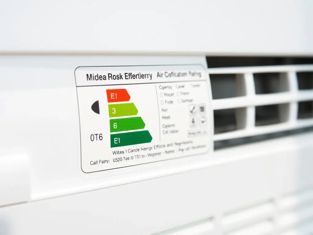 A close-up of the energy efficiency rating label on a Midea air conditioner, emphasizing its high energy efficiency and cost-saving benefits.
