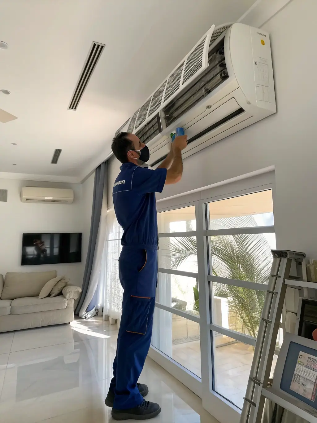 A Klíma Stores technician performing routine maintenance on an air conditioning unit, highlighting their dedication to long-term performance and reliability.