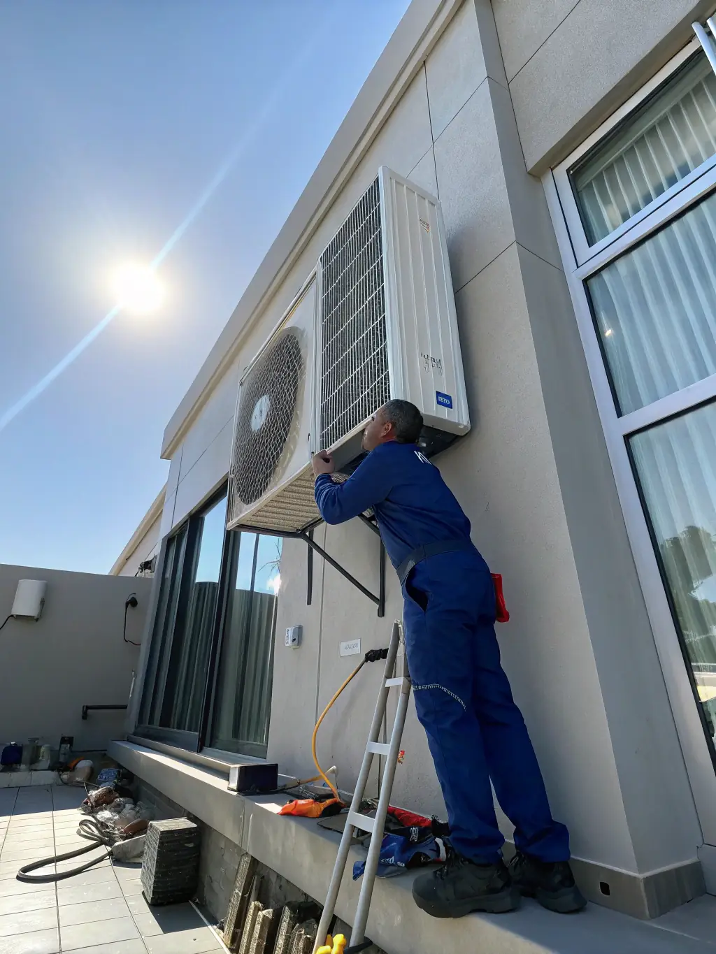 A split air conditioning system installed in a home, with focus on the outdoor unit and the professional installation.