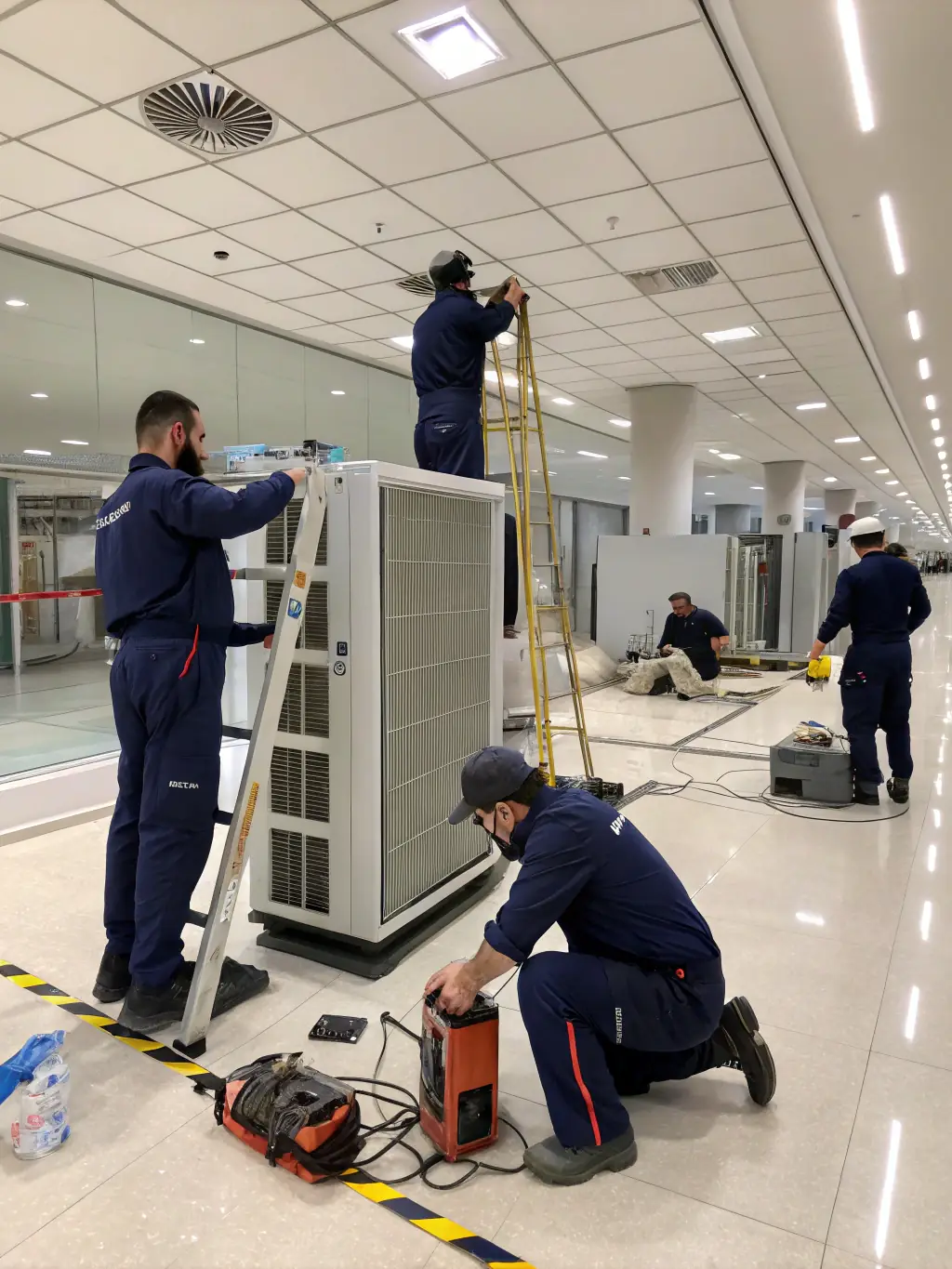 An image depicting a Klíma Stores installation team efficiently installing an air conditioning unit in a customer's home, showcasing speed and professionalism.