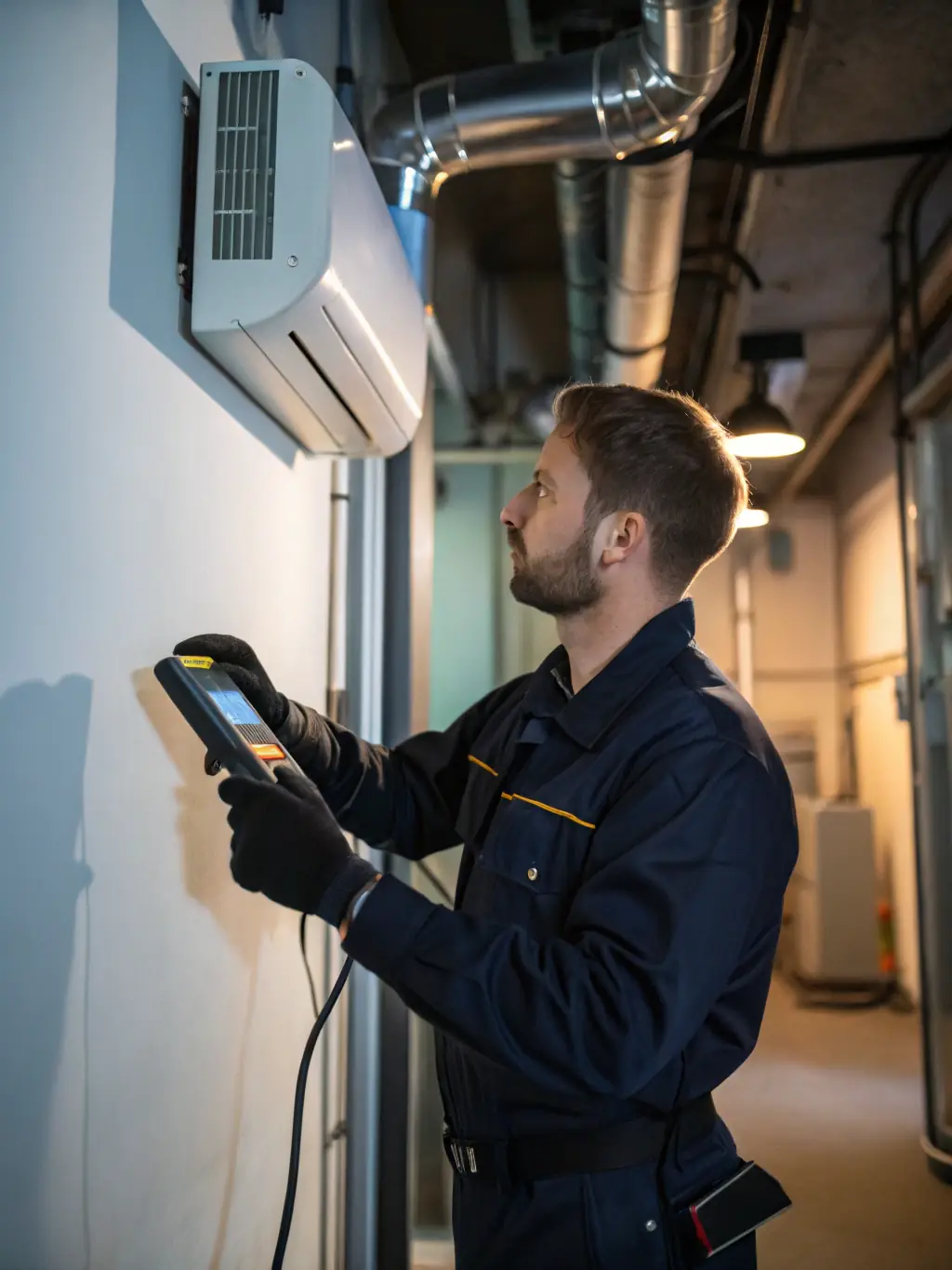 A technician diagnosing an issue with an air conditioning unit, highlighting the expertise in identifying and resolving problems.