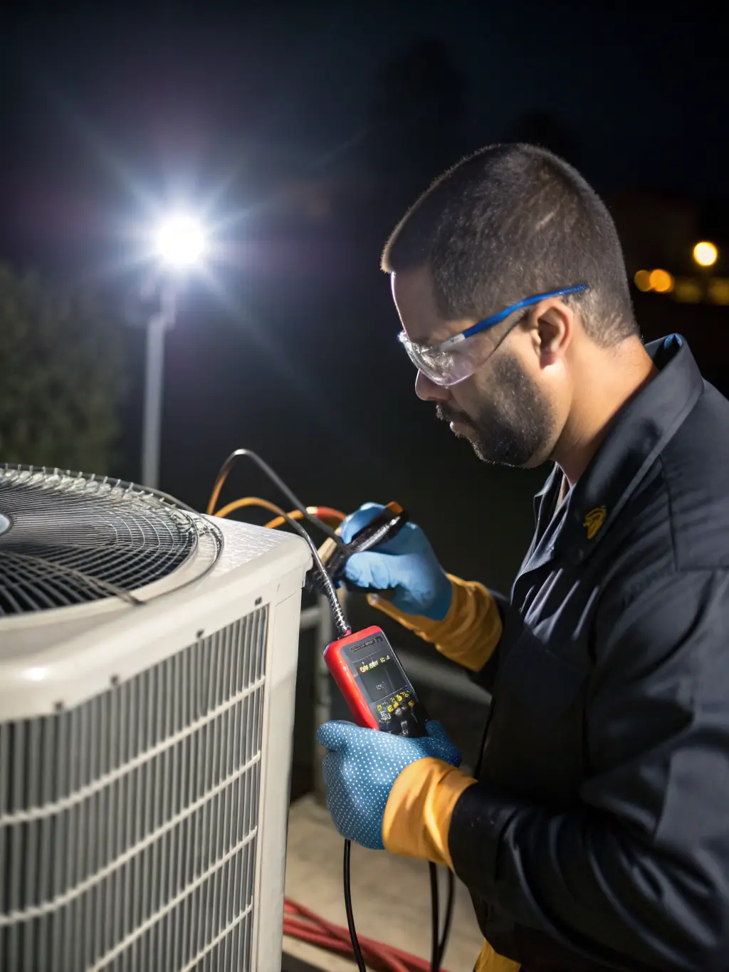 A close-up shot of a certified F-gas technician's hands working on the internal components of an air conditioning unit during installation, emphasizing precision and expertise.