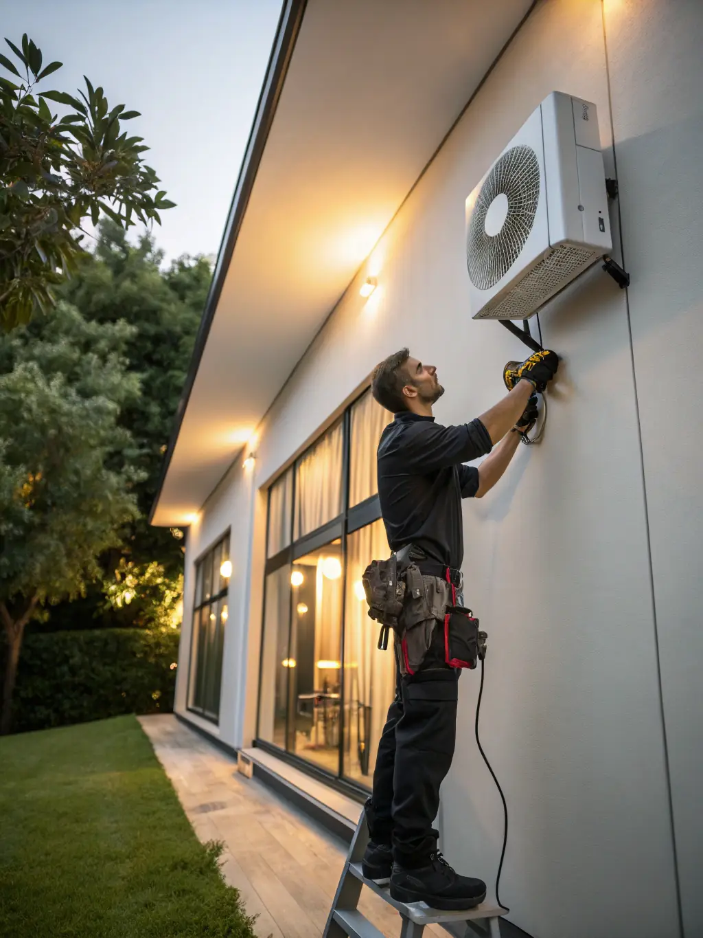 A professional technician installing a wall-mounted air conditioner unit in a modern living room, showcasing the precision and care taken during installation.