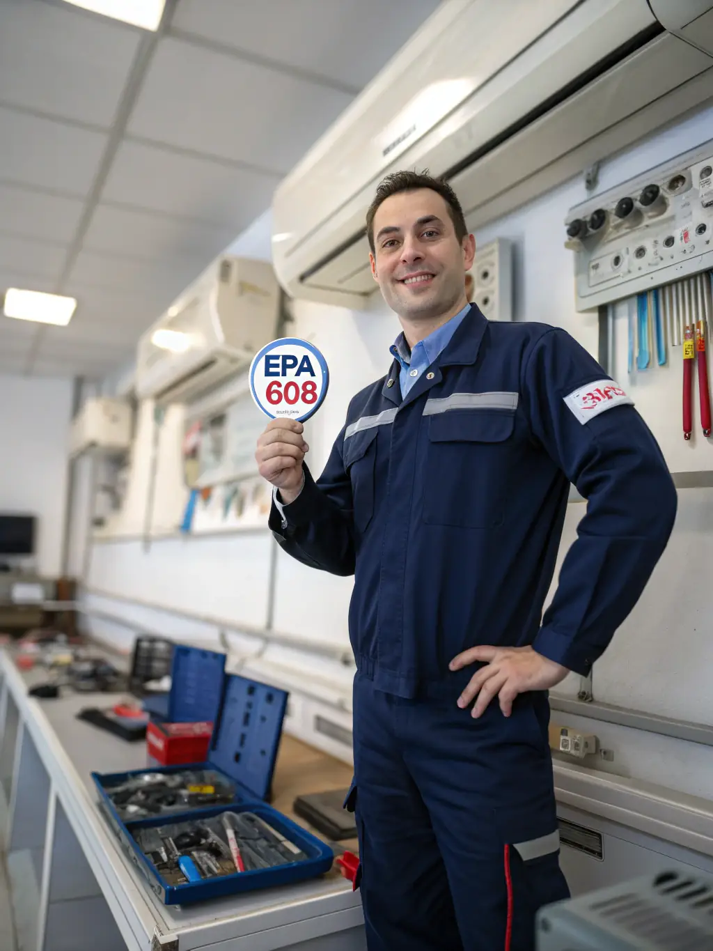 A close-up shot of a Klíma Stores technician's hand holding an F-gas certification card, emphasizing their qualifications and expertise in air conditioning installation.