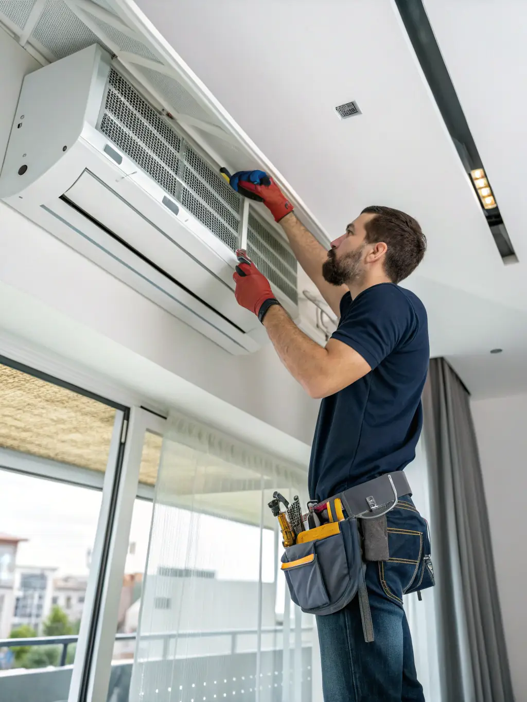 A technician performing a routine maintenance check on an air conditioning unit, emphasizing the importance of regular servicing.