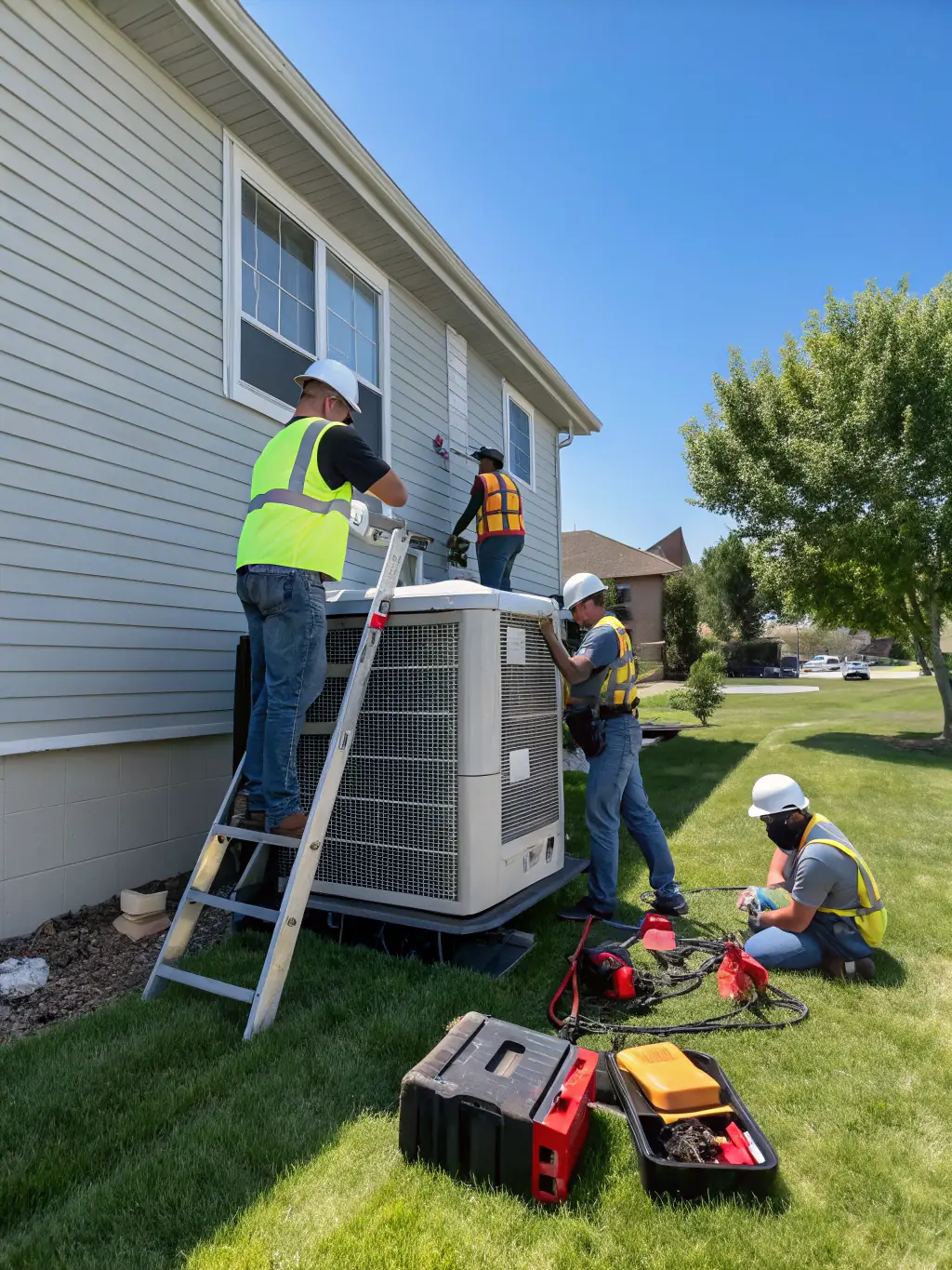 A Klíma Stores van parked outside a customer's home, with technicians carrying air conditioning equipment inside, illustrating their prompt and efficient service.